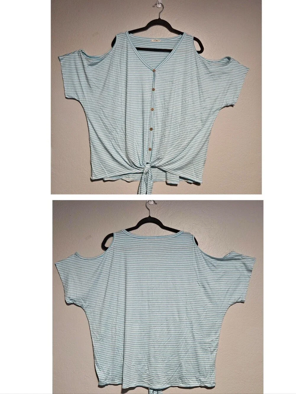 e.Luna Cold-Shoulder Tie Hem Striped Top in Five Colors Size 3X - Picture 8 of 14